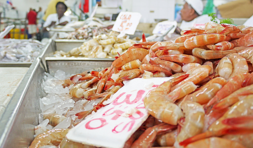 A coastal seafood market counter with shrimp and shellfish laid out on crushed ice behind glass