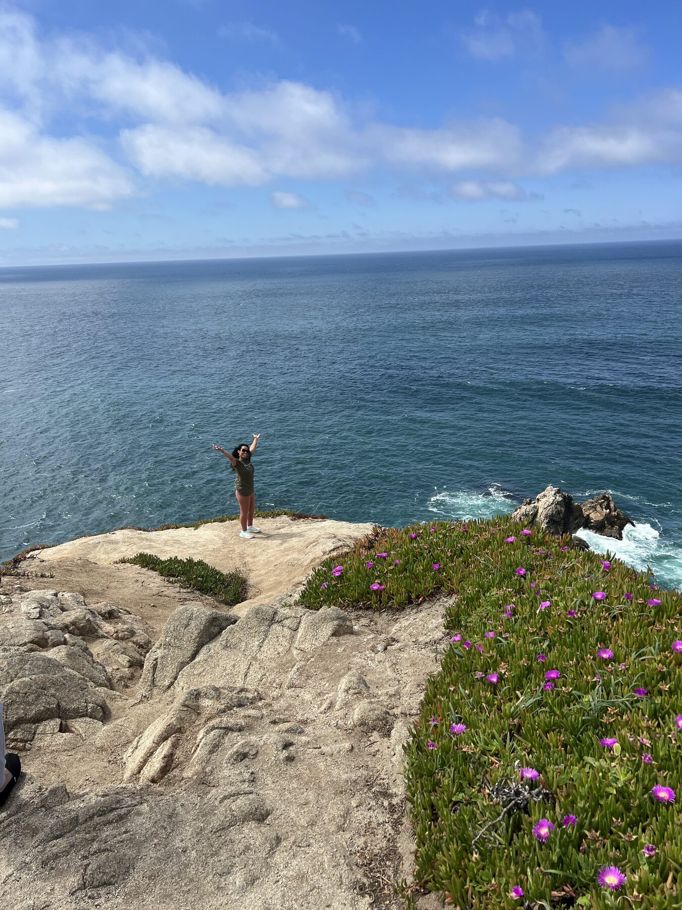 A woman standing with arms raised on a rocky headland high above the blue ocean, surrounded by flowering ice plant