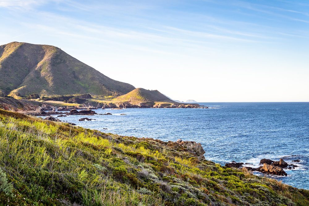 Golden green hills sloping into the blue Pacific along the Big Sur coastline